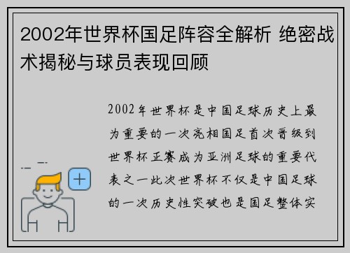 2002年世界杯国足阵容全解析 绝密战术揭秘与球员表现回顾