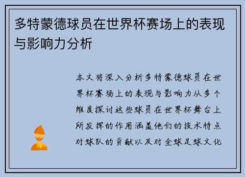 多特蒙德球员在世界杯赛场上的表现与影响力分析