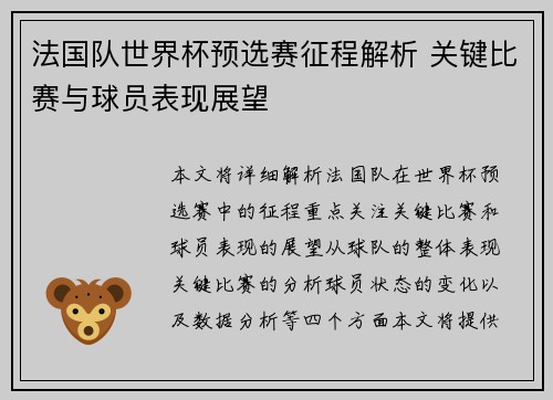 法国队世界杯预选赛征程解析 关键比赛与球员表现展望